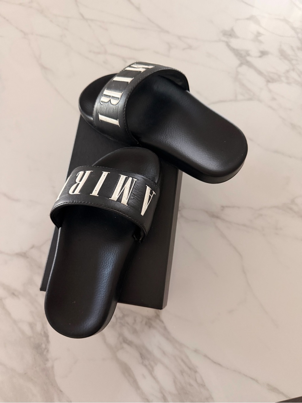 AMIRI Black Slides with White Logo Strap